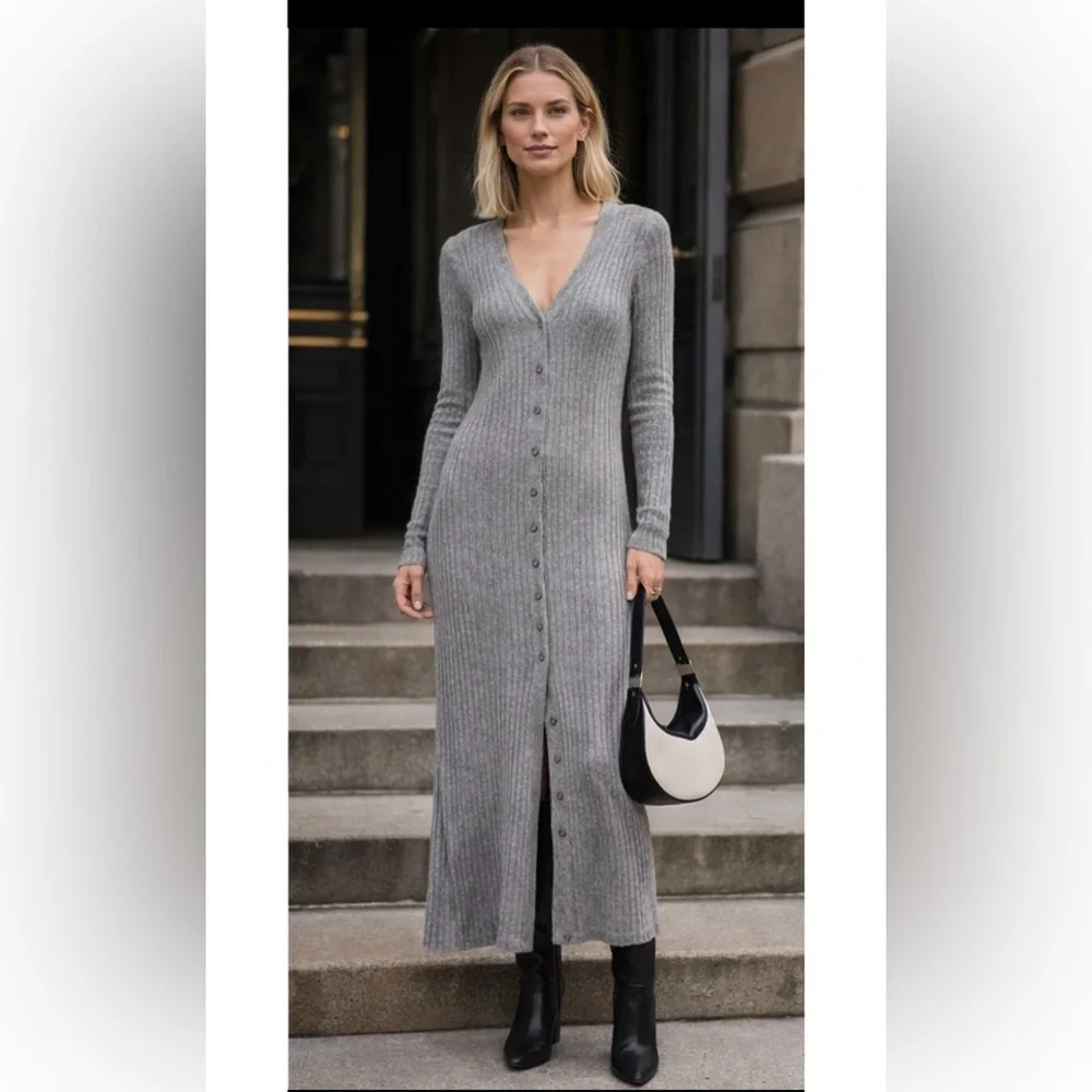 NWT STAUD Shoko Cashmere Rib Knit Sweater Dress in Heather Grey Sz S - Picture 4 of 16